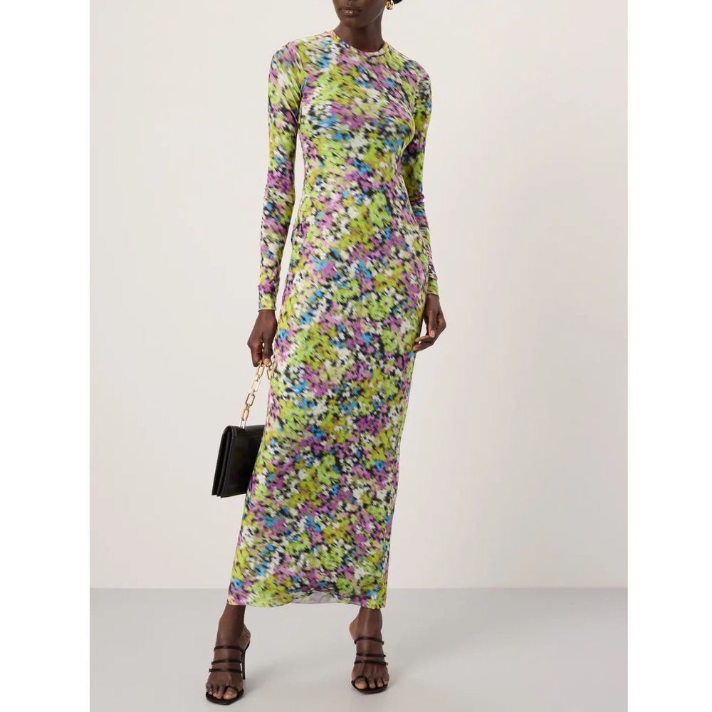 AFRM Shailene Mesh Maxi Dress XS Multi Abstract Floral Long Sleeve Bodycon e5